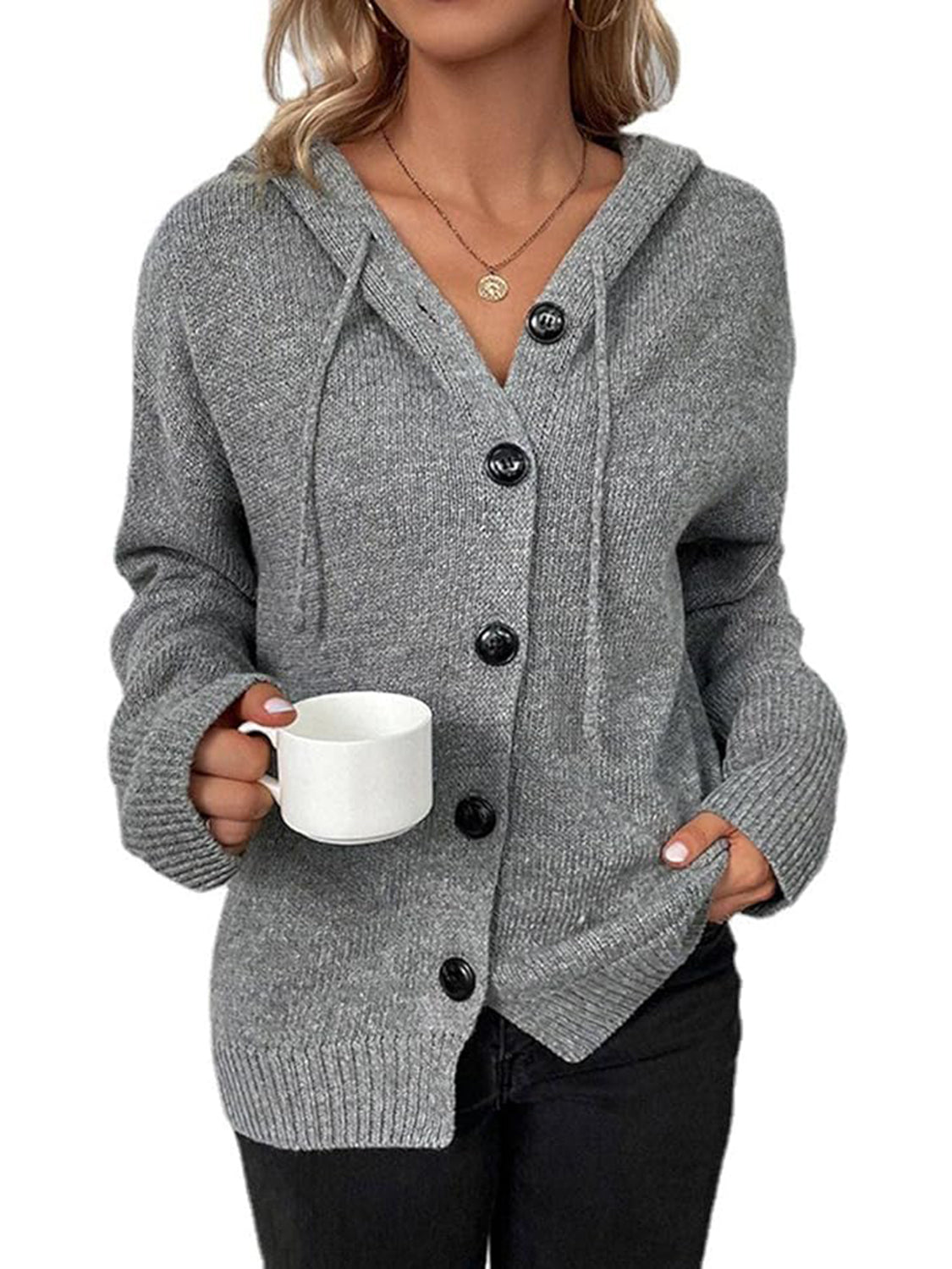 Button Up Drawstring Long Sleeve Hooded Cardigan | Trending Chic NZ