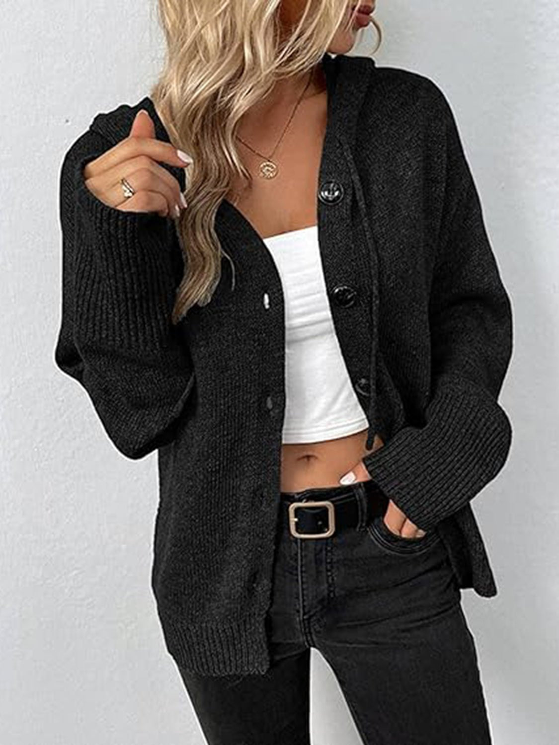 Button Up Drawstring Long Sleeve Hooded Cardigan | Trending Chic NZ