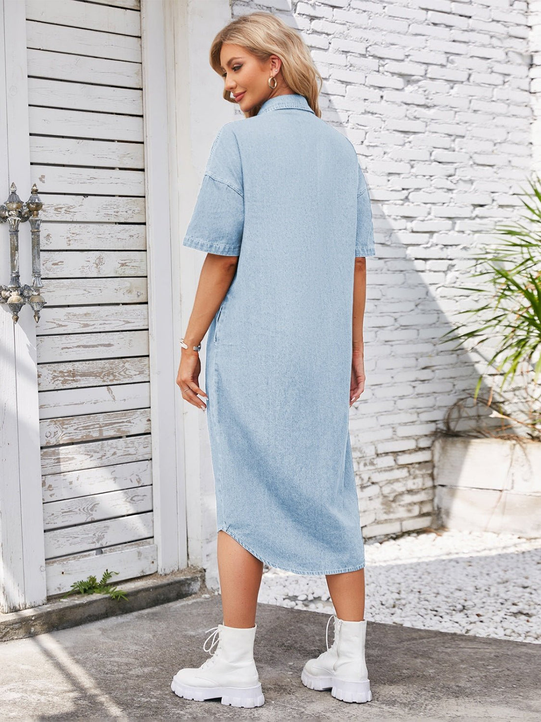 Button Up Dropped Shoulder Denim Dress | Trending Chic NZ