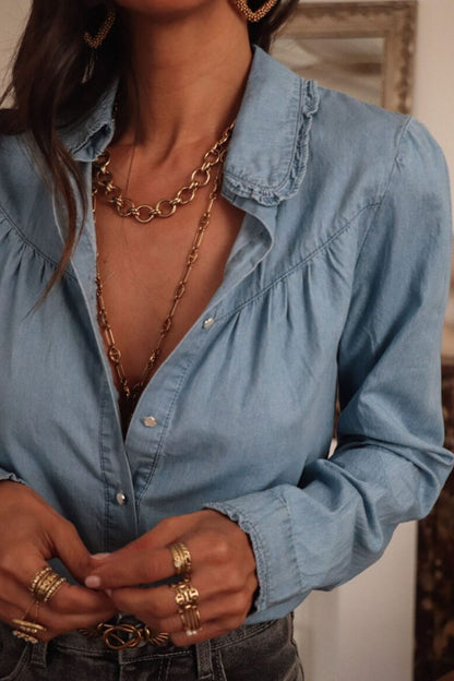 Button Up Long Sleeve Denim Top | Trending Chic NZ