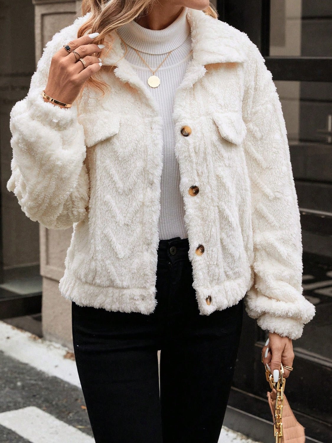 Button Up Long Sleeve Fuzzy Outerwear | Trending Chic NZ