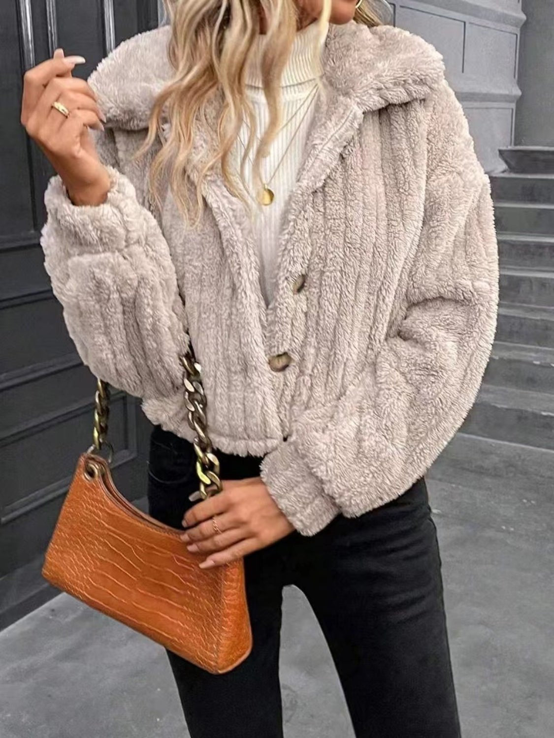 Button Up Long Sleeve Fuzzy Outerwear | Trending Chic NZ