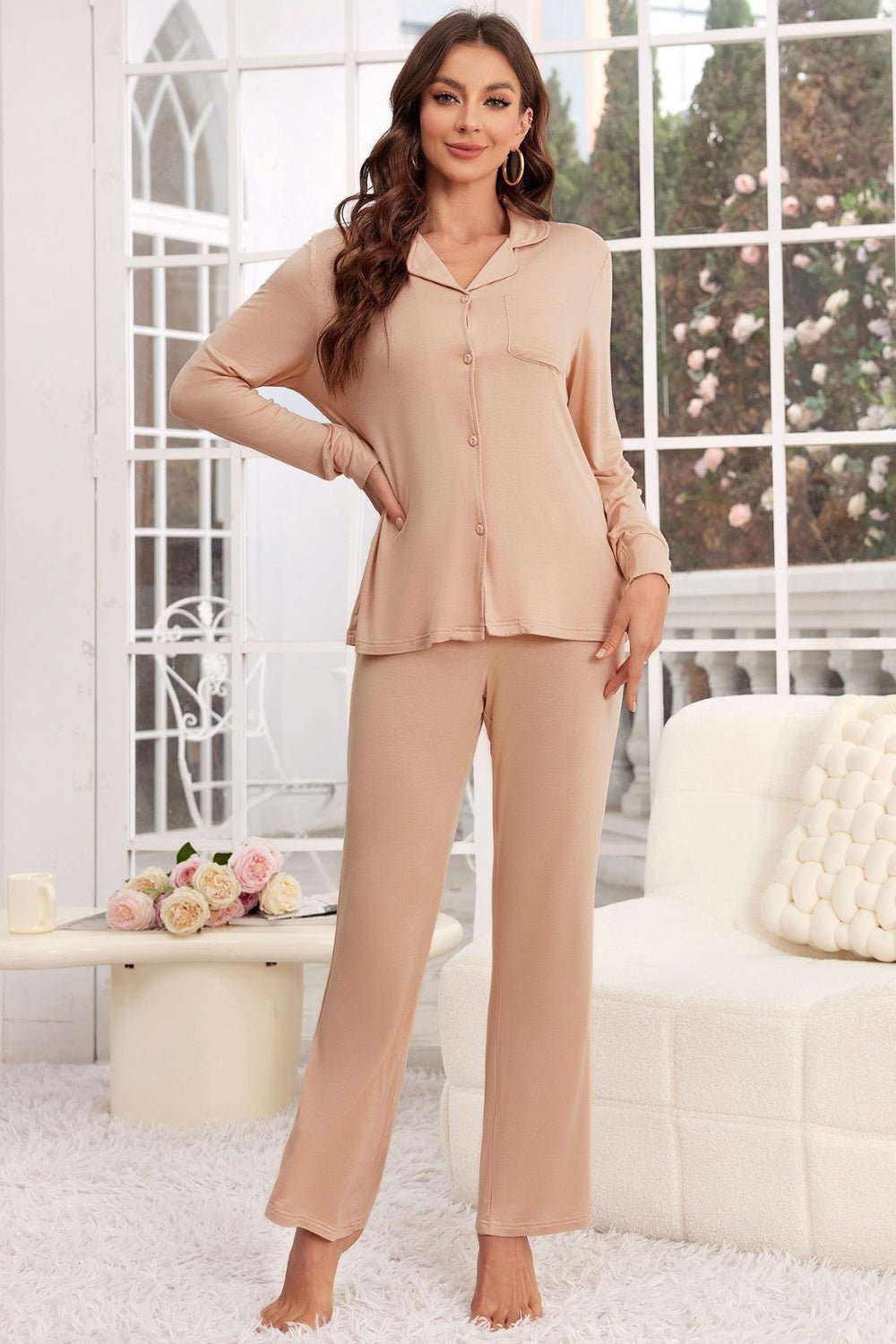 Button Up Long Sleeve Top and Pants Lounge Set | Trending Chic NZ