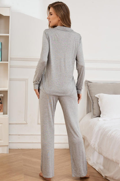 Button Up Long Sleeve Top and Pants Lounge Set | Trending Chic NZ