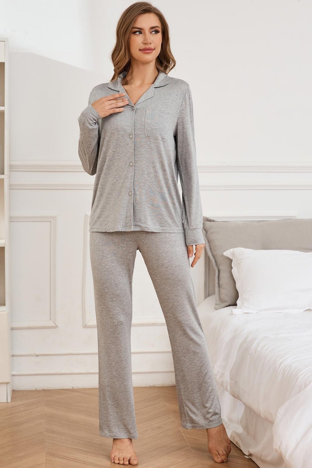 Button Up Long Sleeve Top and Pants Lounge Set | Trending Chic NZ