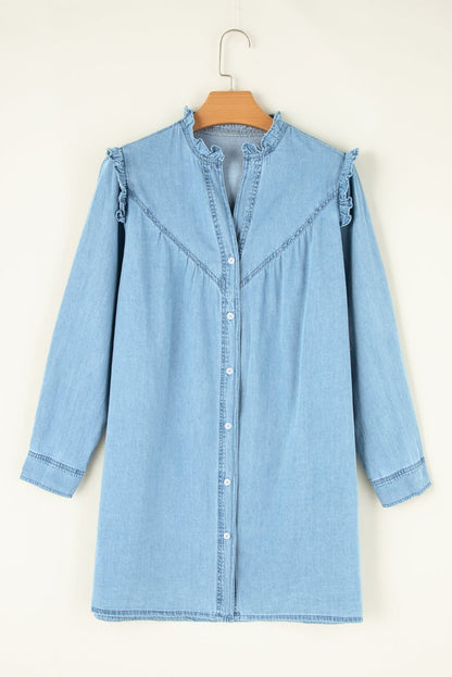 Button Up Notched Long Sleeve Denim Dress | Trending Chic NZ