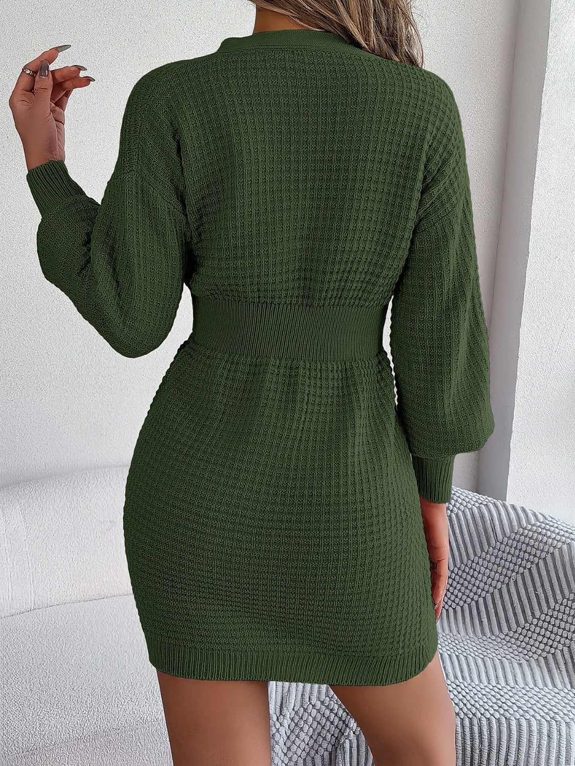 Buttoned Cable - Knit V - Neck Sweater Dress | Trending Chic NZ