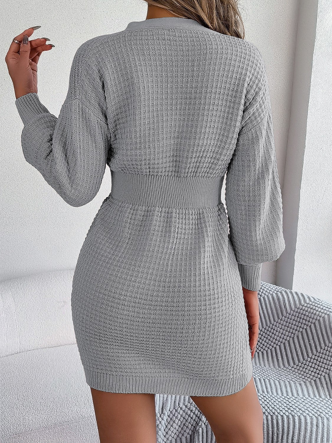 Buttoned Cable - Knit V - Neck Sweater Dress | Trending Chic NZ