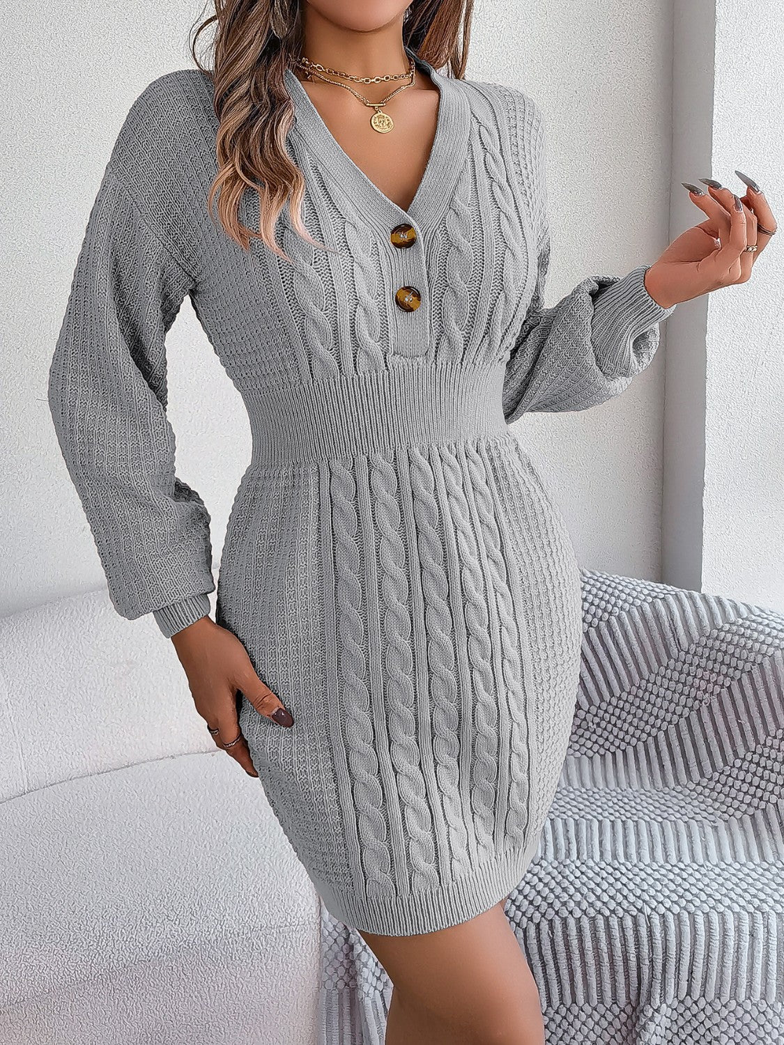 Buttoned Cable - Knit V - Neck Sweater Dress | Trending Chic NZ