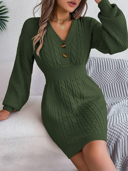 Buttoned Cable - Knit V - Neck Sweater Dress | Trending Chic NZ