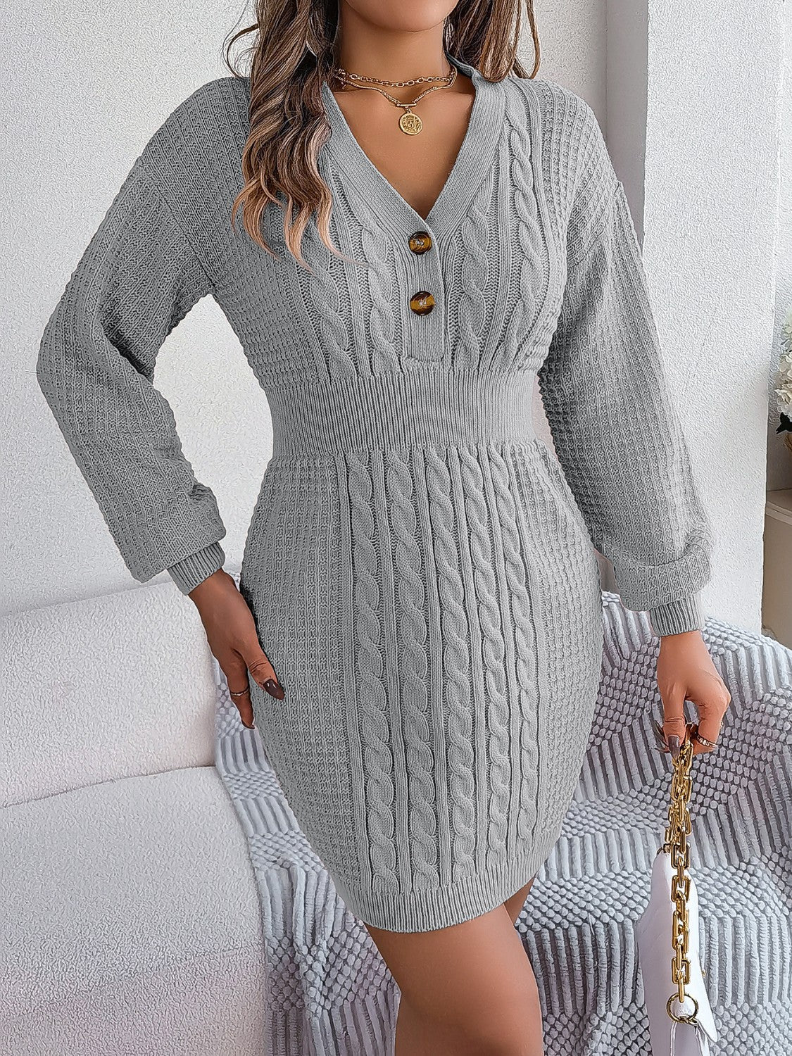 Buttoned Cable - Knit V - Neck Sweater Dress | Trending Chic NZ