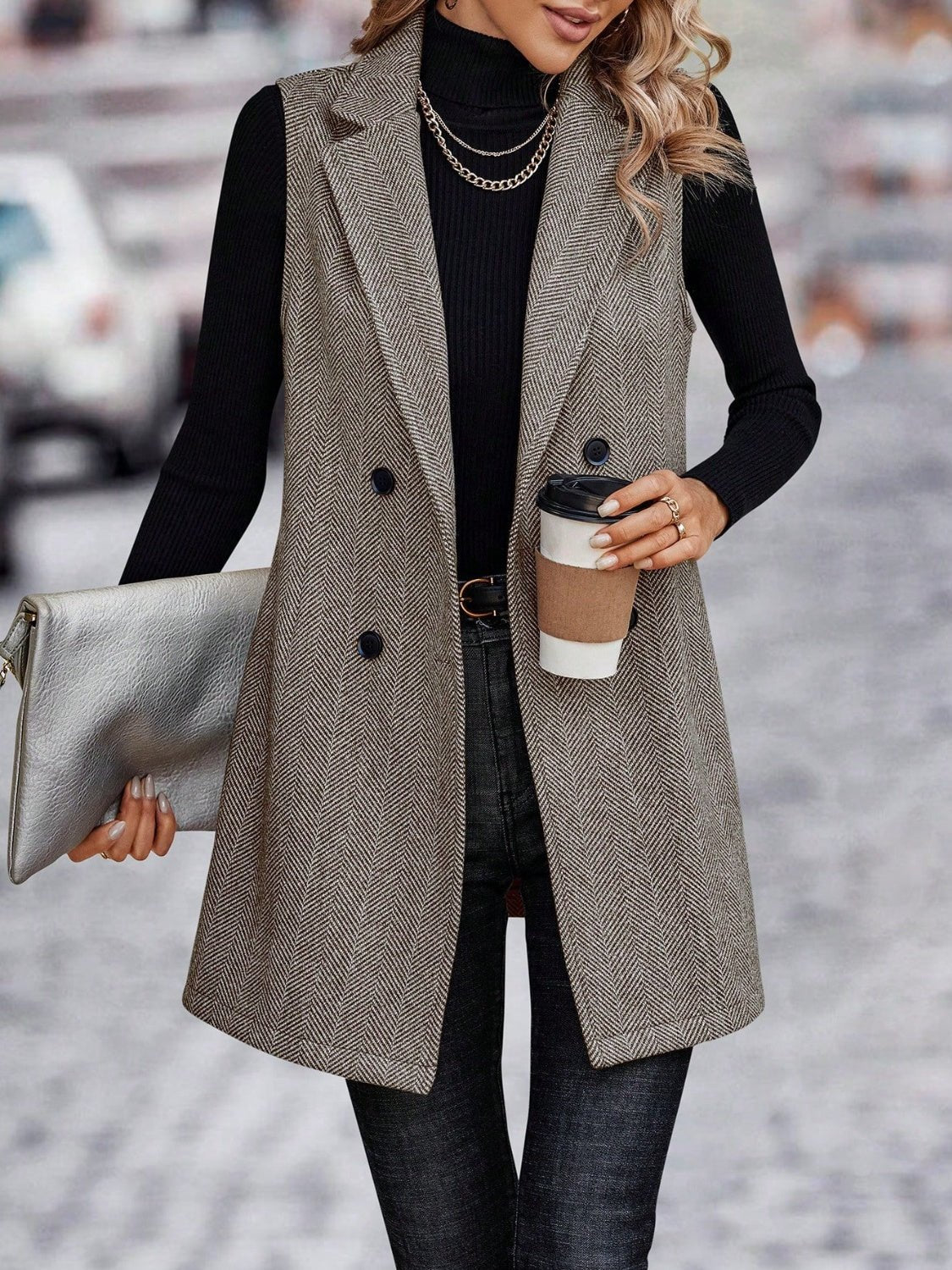 Buttoned Collared Neck Longline Vest Coat | Trending Chic NZ