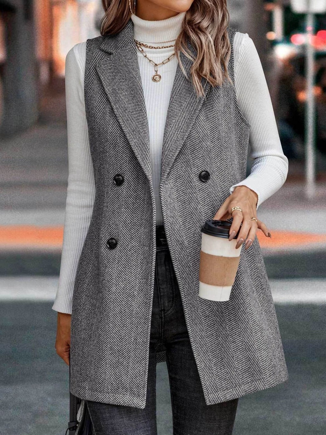 Buttoned Collared Neck Longline Vest Coat | Trending Chic NZ