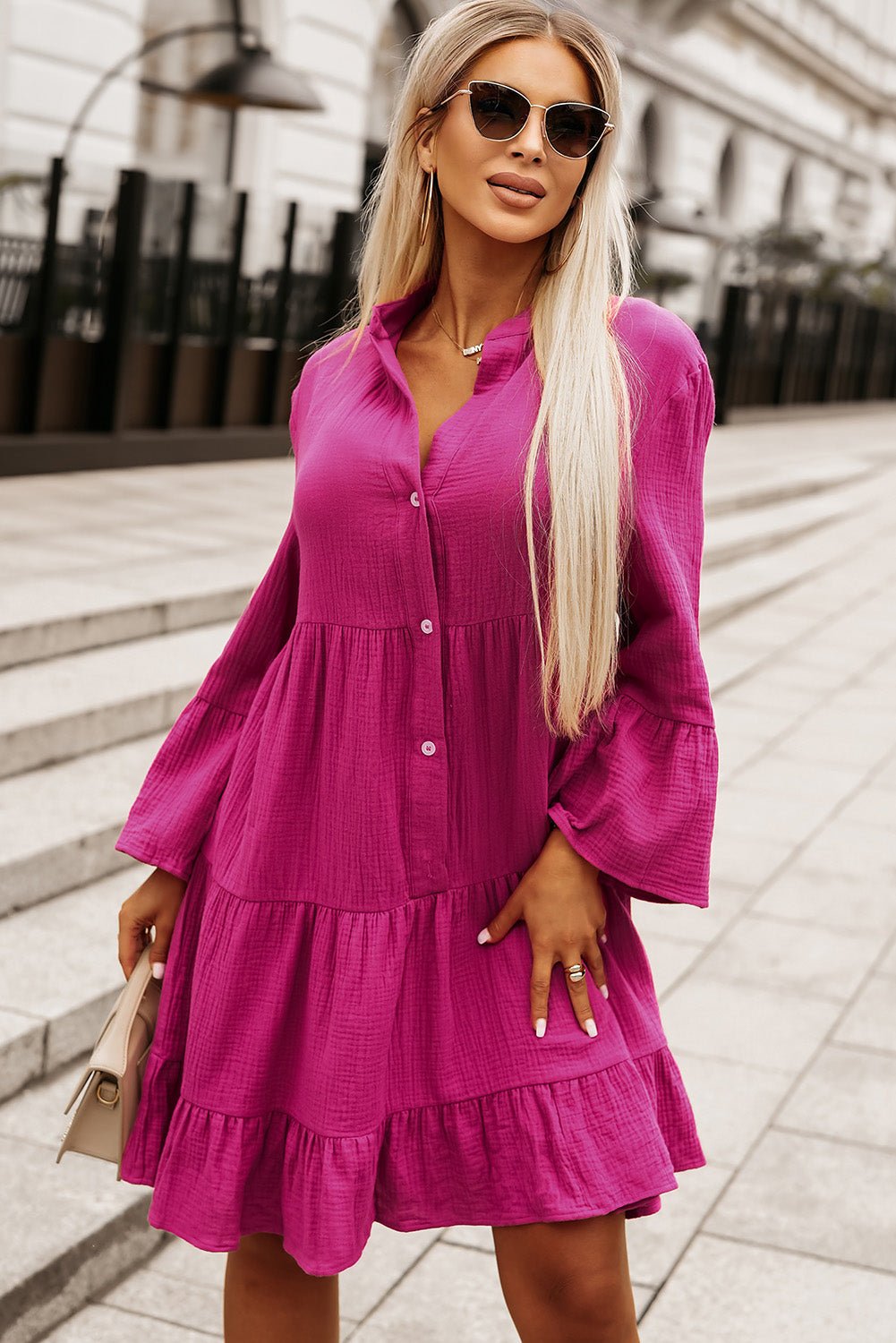 Buttoned Flare Sleeve Tiered Dress | Trending Chic NZ