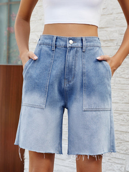 Buttoned Raw Hem Denim Shorts with Pockets | Trending Chic NZ