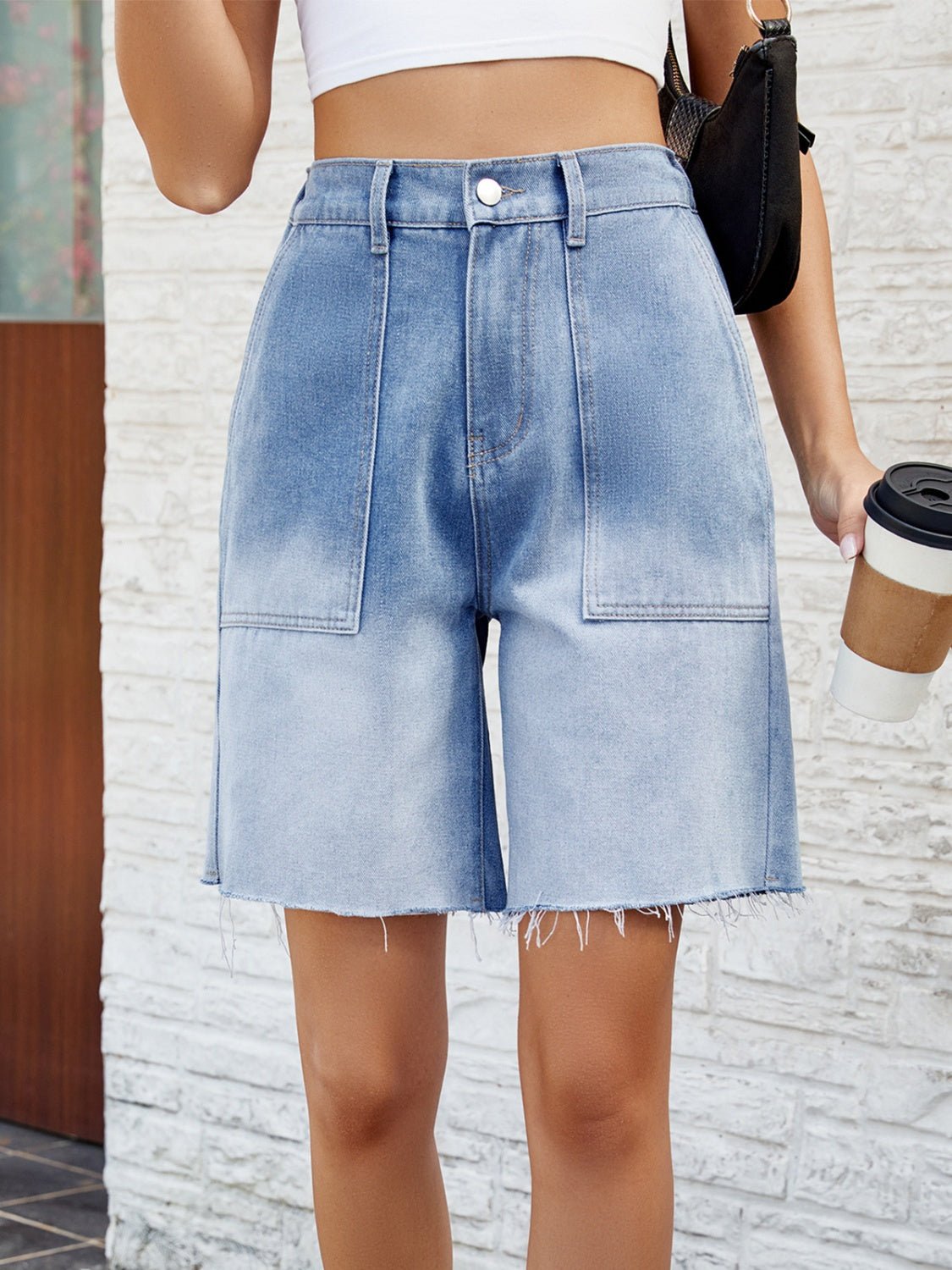 Buttoned Raw Hem Denim Shorts with Pockets | Trending Chic NZ