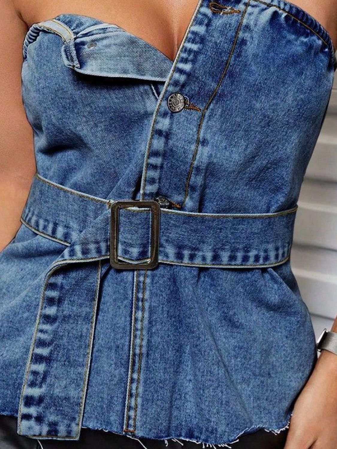 Buttoned Raw Hem Tube Denim Top | Trending Chic NZ