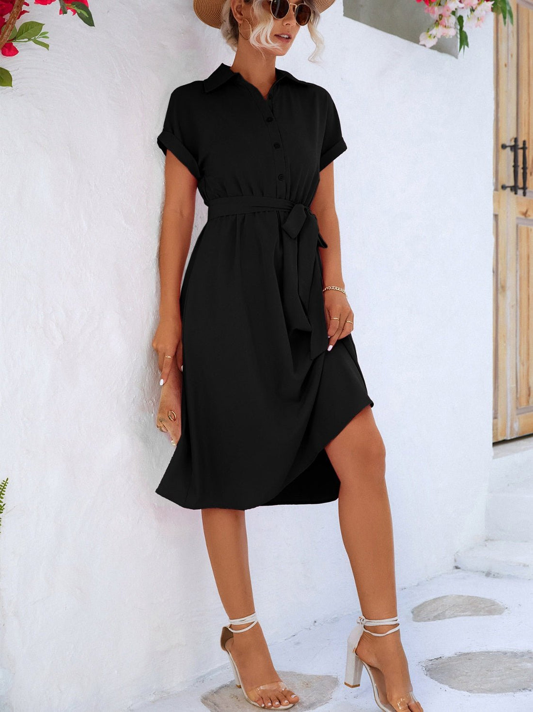 Buttoned Tie Waist Short Sleeve Dress | Trending Chic NZ