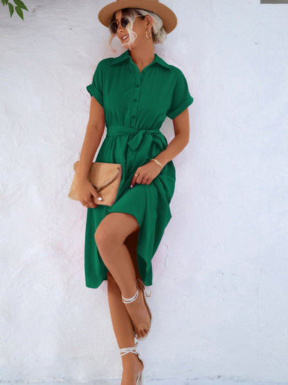 Buttoned Tie Waist Short Sleeve Dress | Trending Chic NZ