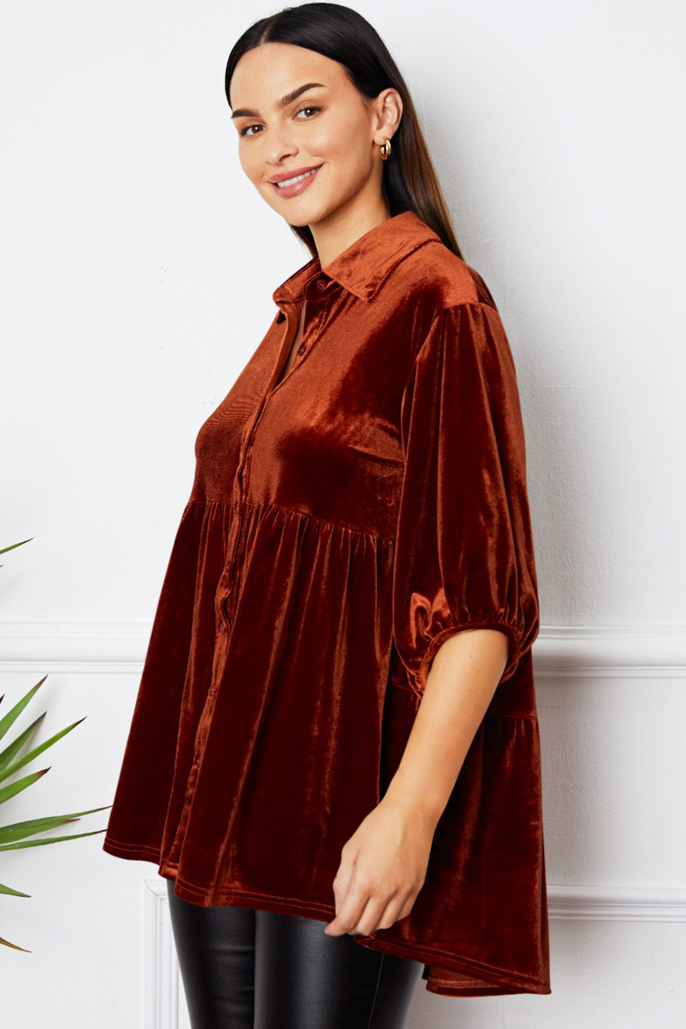 Velvet Tiered Button Up Collared Neck Shirt