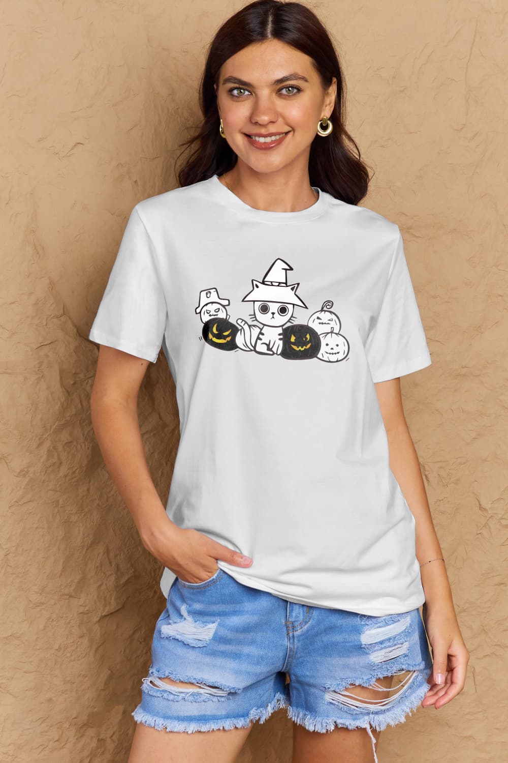 Simply Love Full Size Cat &amp; Pumpkin Graphic Cotton T-Shirt