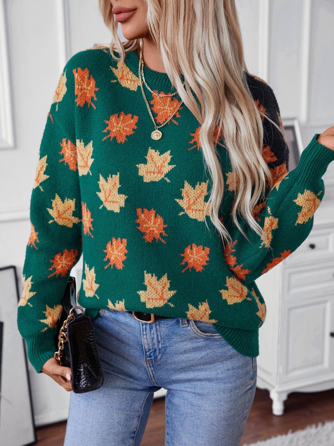 Maple Leaf Round Neck Long Sleeve Sweater