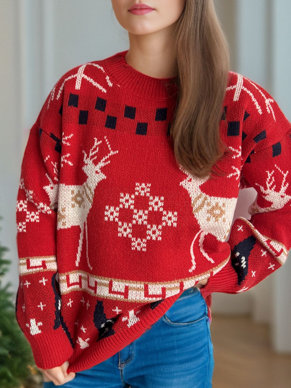 Christmas Element Round Neck Long Sleeve Sweater