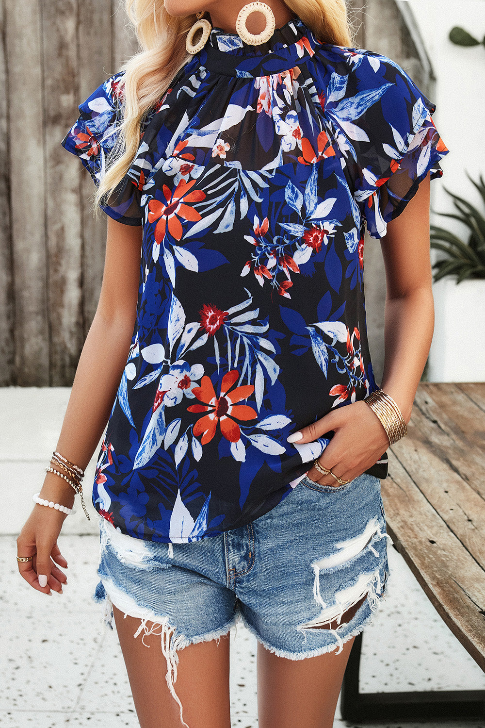 Devine Printed Ruffled Mock Neck Blouse