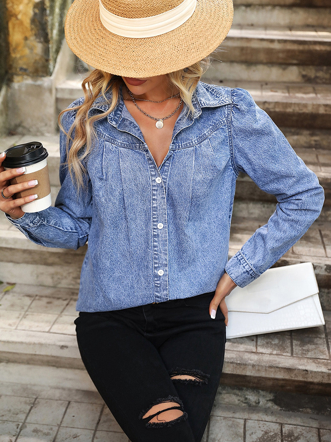 Button Up Collared Neck Long Sleeve Denim Top