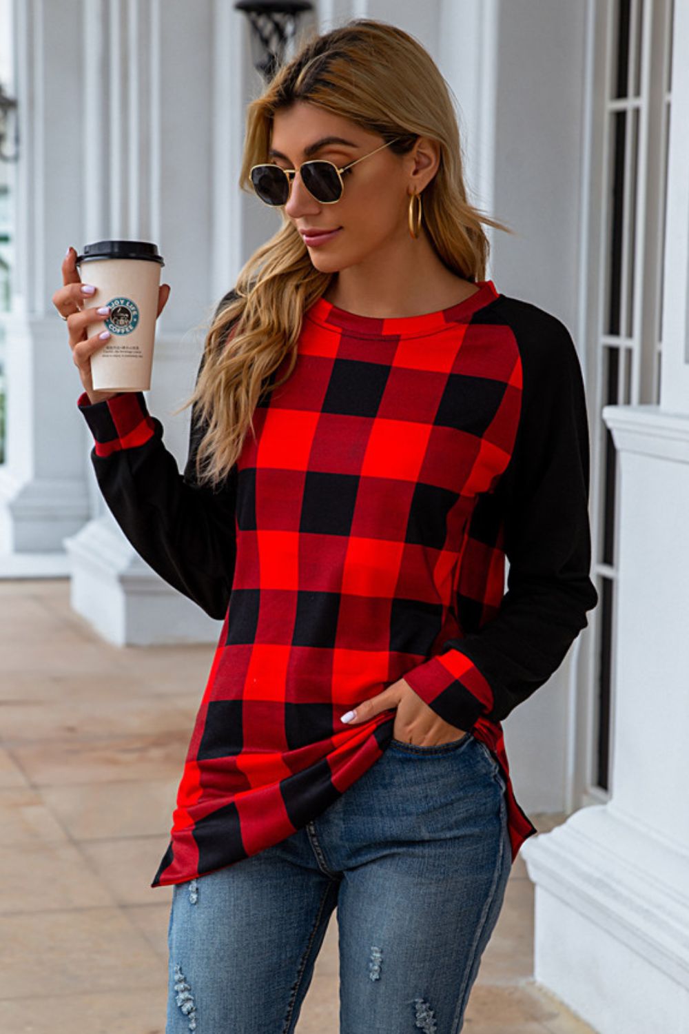 Plaid Round Neck Long Sleeve T-Shirt