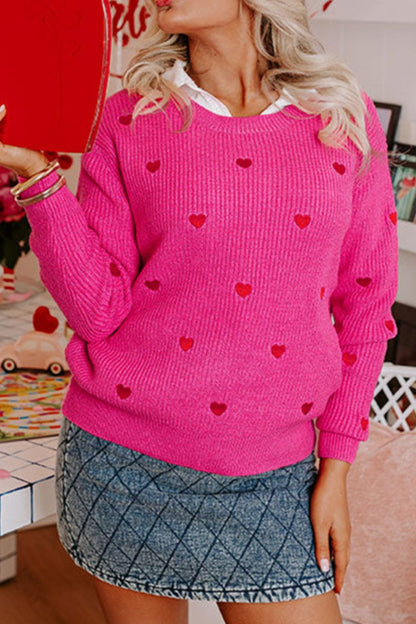 Heart Round Neck Long Sleeve Sweater