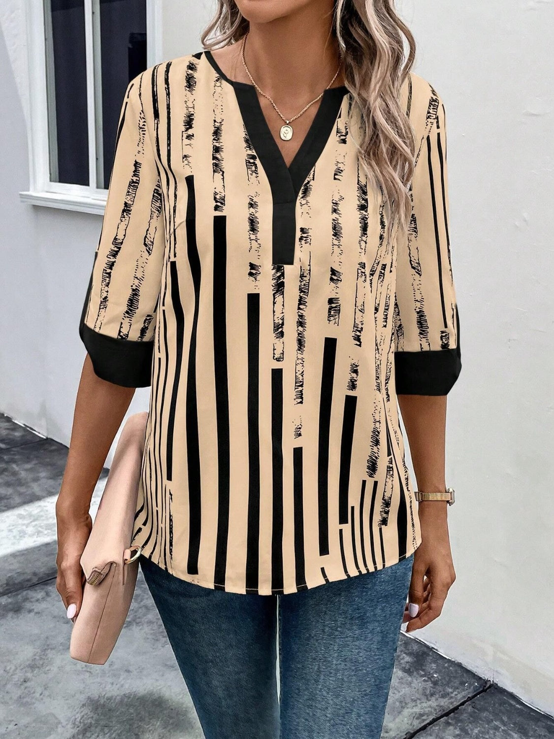 Striped Notched Half Sleeve Blouse