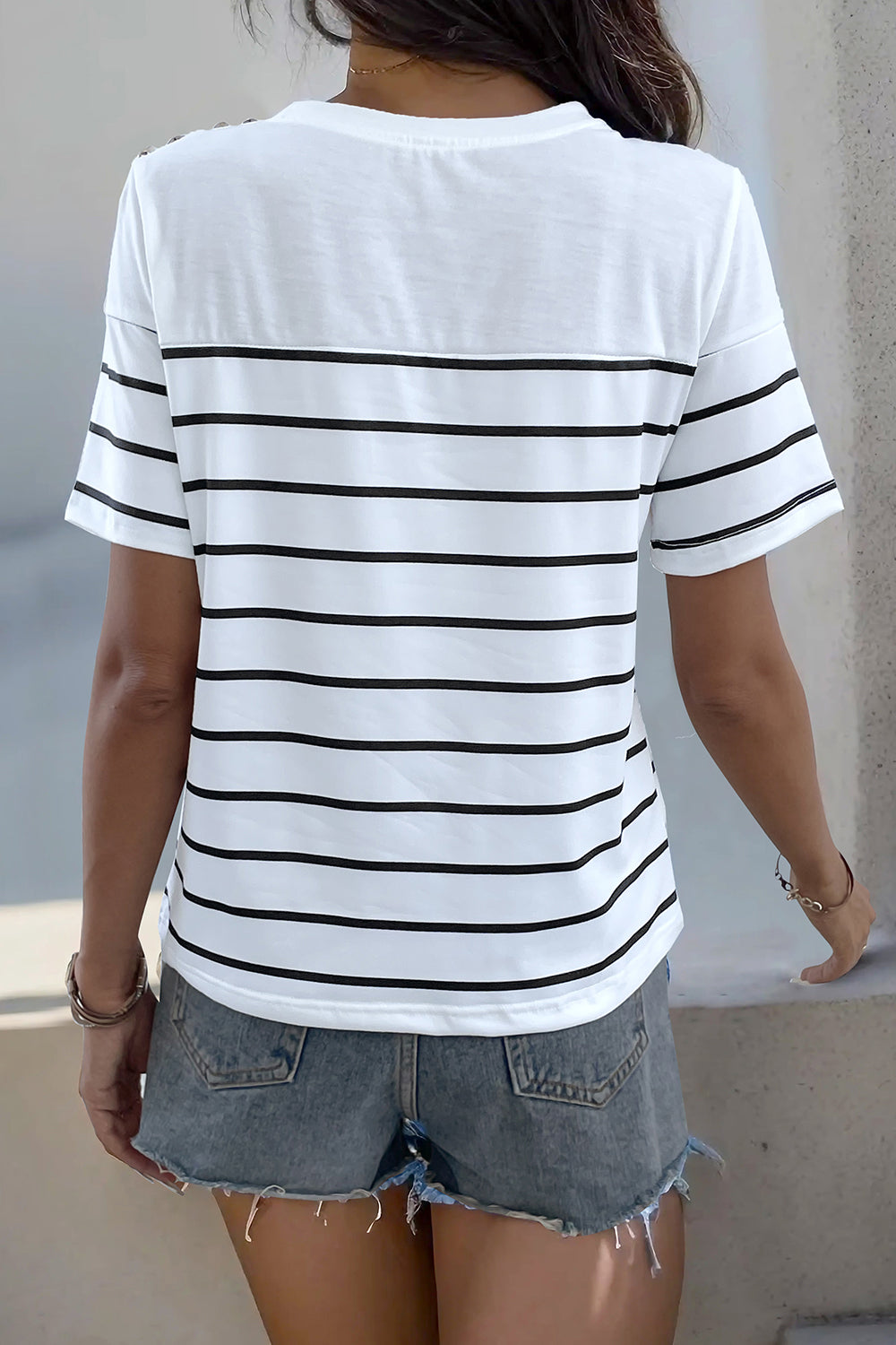 Perfee Decorative Button Striped Short Sleeve T-Shirt