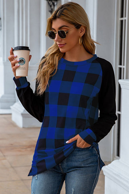 Plaid Round Neck Long Sleeve T-Shirt