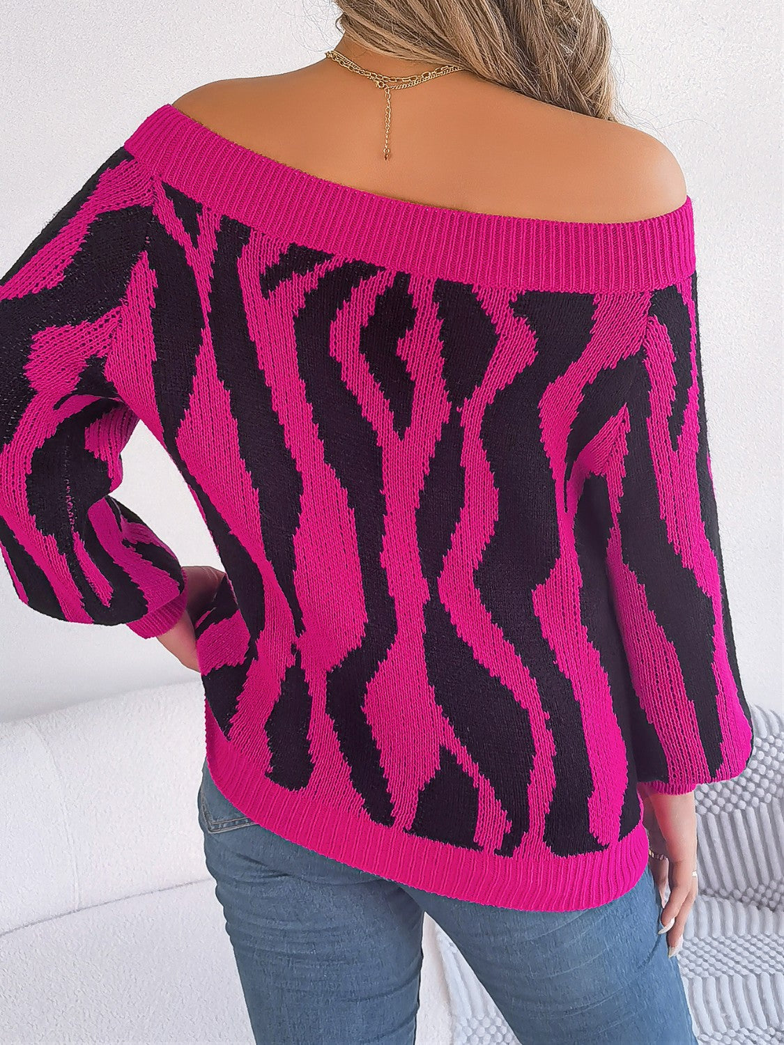 Off-Shoulder Animal Print Long Sleeve Sweater