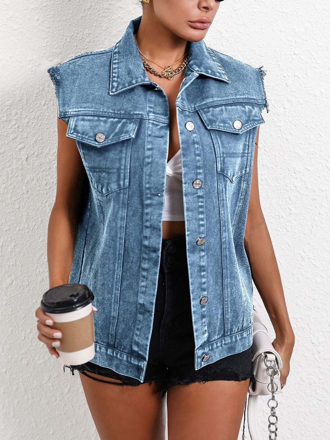 Pocketed Collared Neck Sleeveless Denim Top