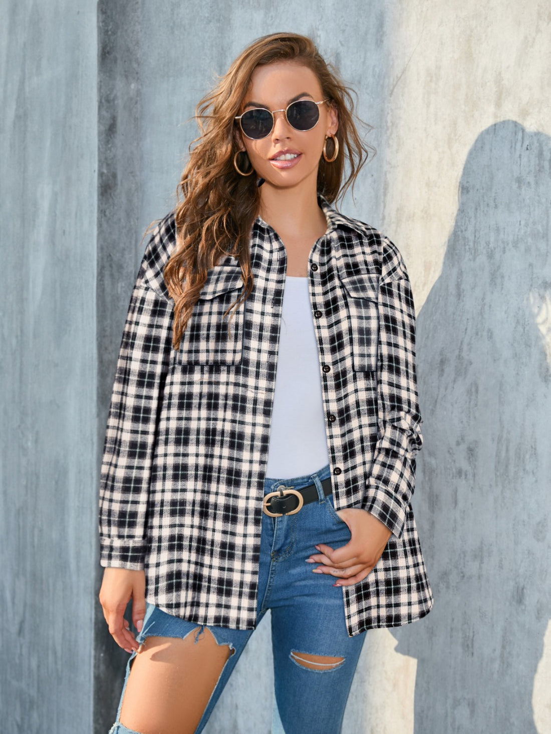 Full Size Plaid Button Up Pocketed Shirt