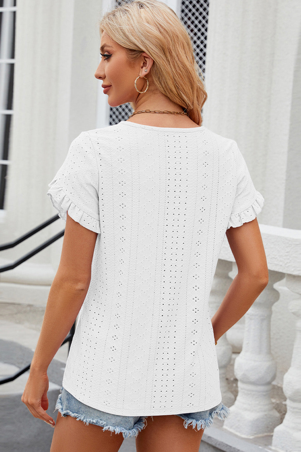 Eyelet Round Neck Petal Sleeve T-Shirt