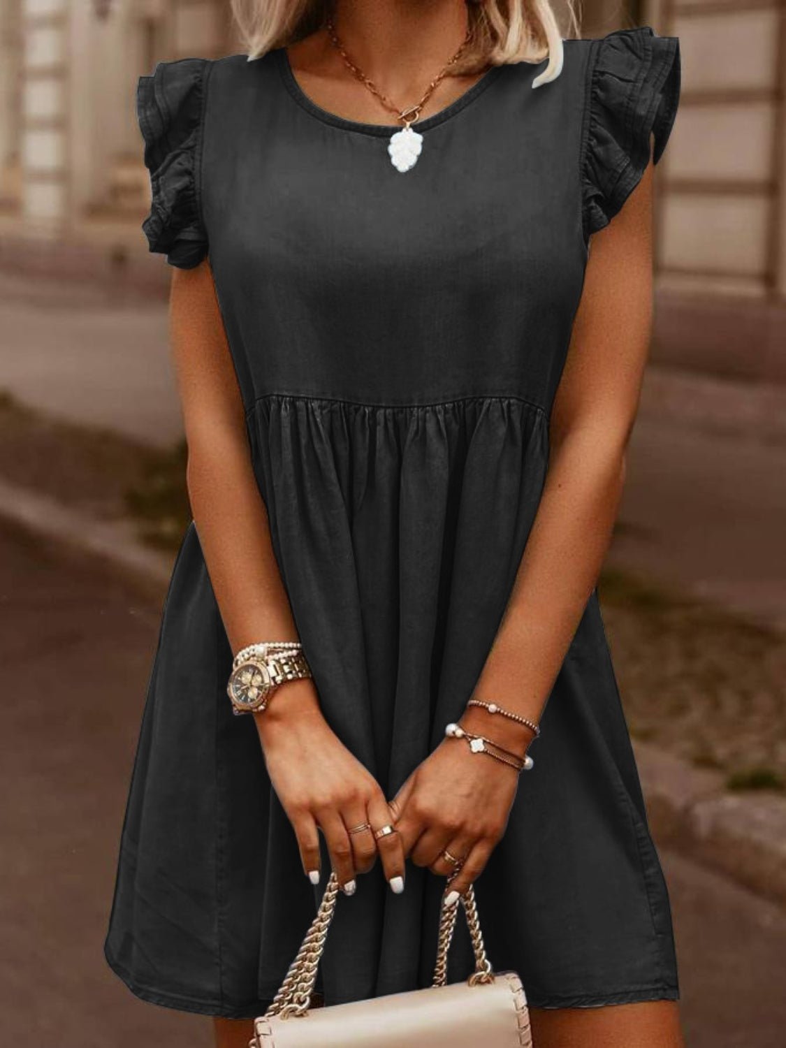 Full Size Ruffled Round Neck Cap Sleeve Denim Dress