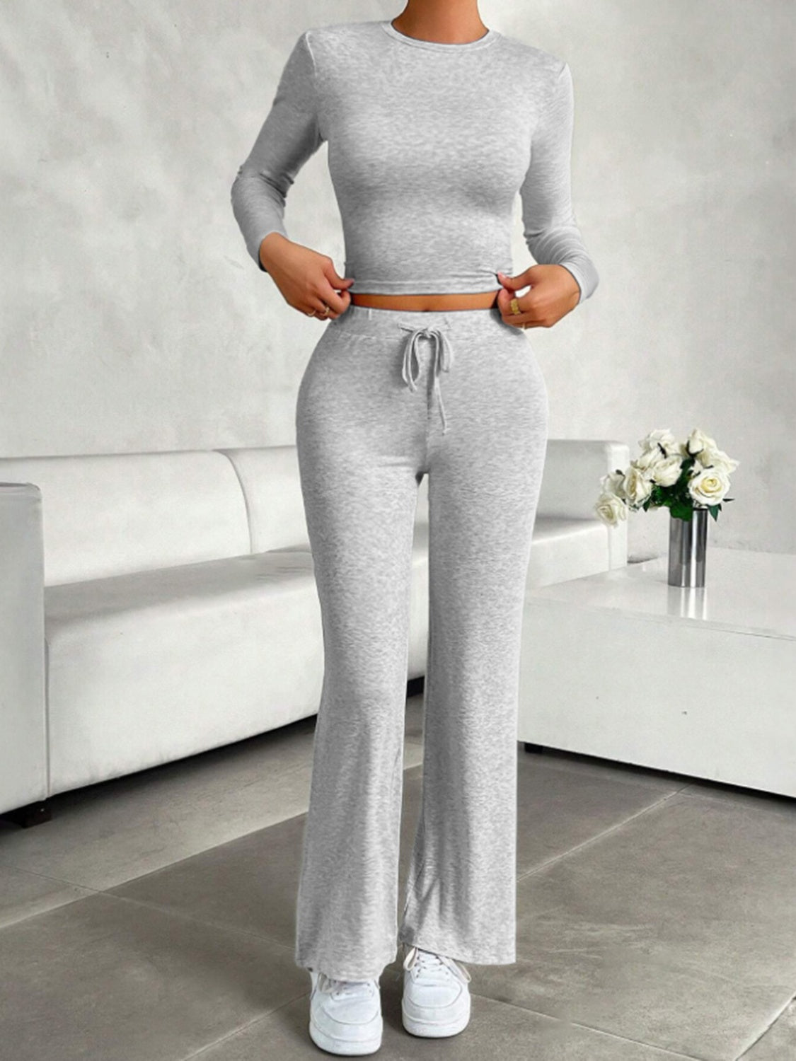 Round Neck Long Sleeve Top and Drawstring Pants Set