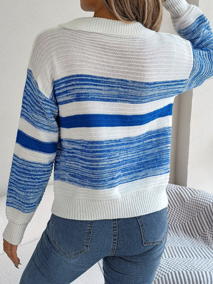 Striped Collared Neck Long Sleeve Sweater