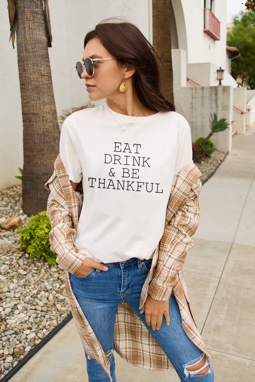 Simply Love Full Size EAT DRINK &amp; BE THANKFUL Round Neck T-Shirt