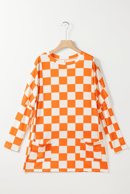 Checkered Round Neck Long Sleeve T-Shirt with Pockets