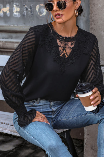 Perfee Lace Detail Smocked Flounce Sleeve Blouse