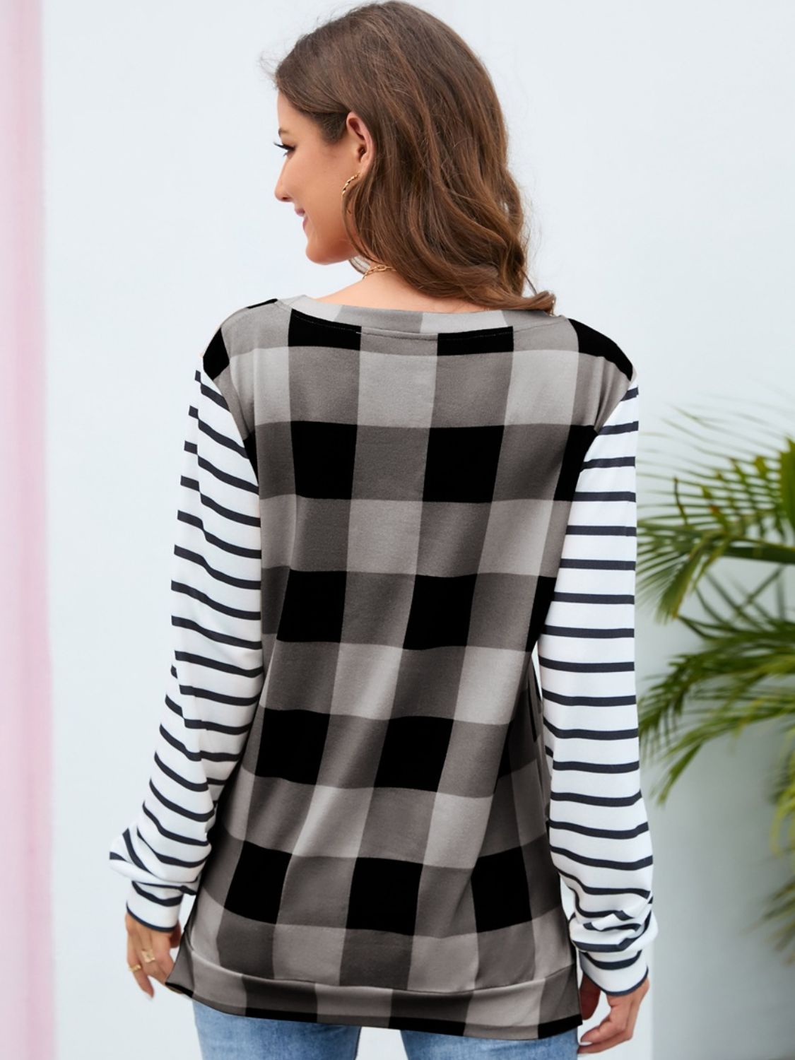 Plaid Striped Round Neck Long Sleeve T-Shirt