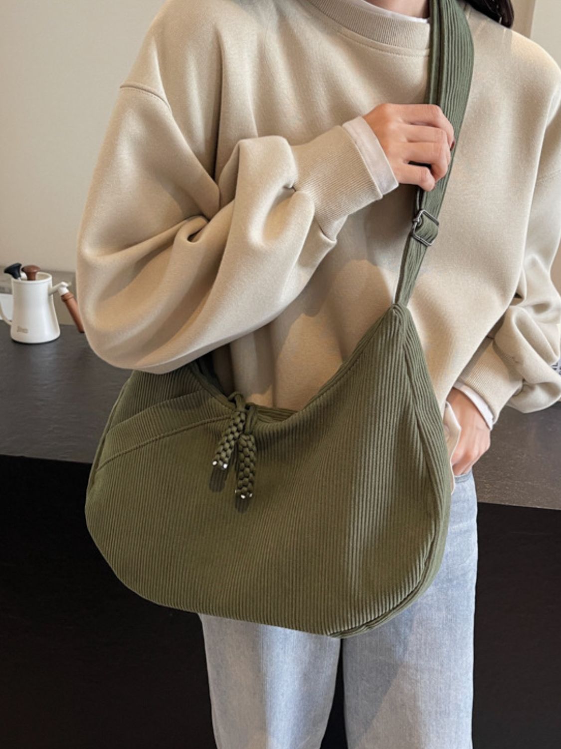 Ribbed Adjustable Strap Shoulder Bag