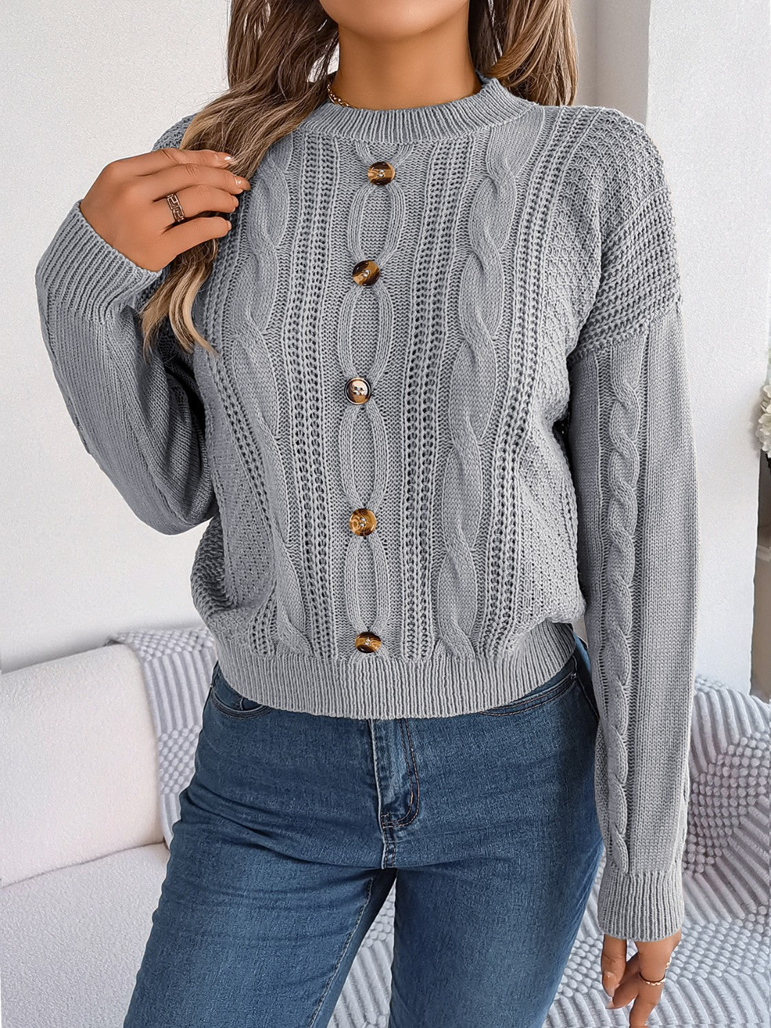 Cable - Knit Buttoned Round Neck Sweater | Trending Chic NZ