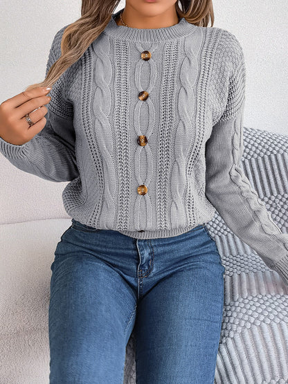 Cable - Knit Buttoned Round Neck Sweater | Trending Chic NZ