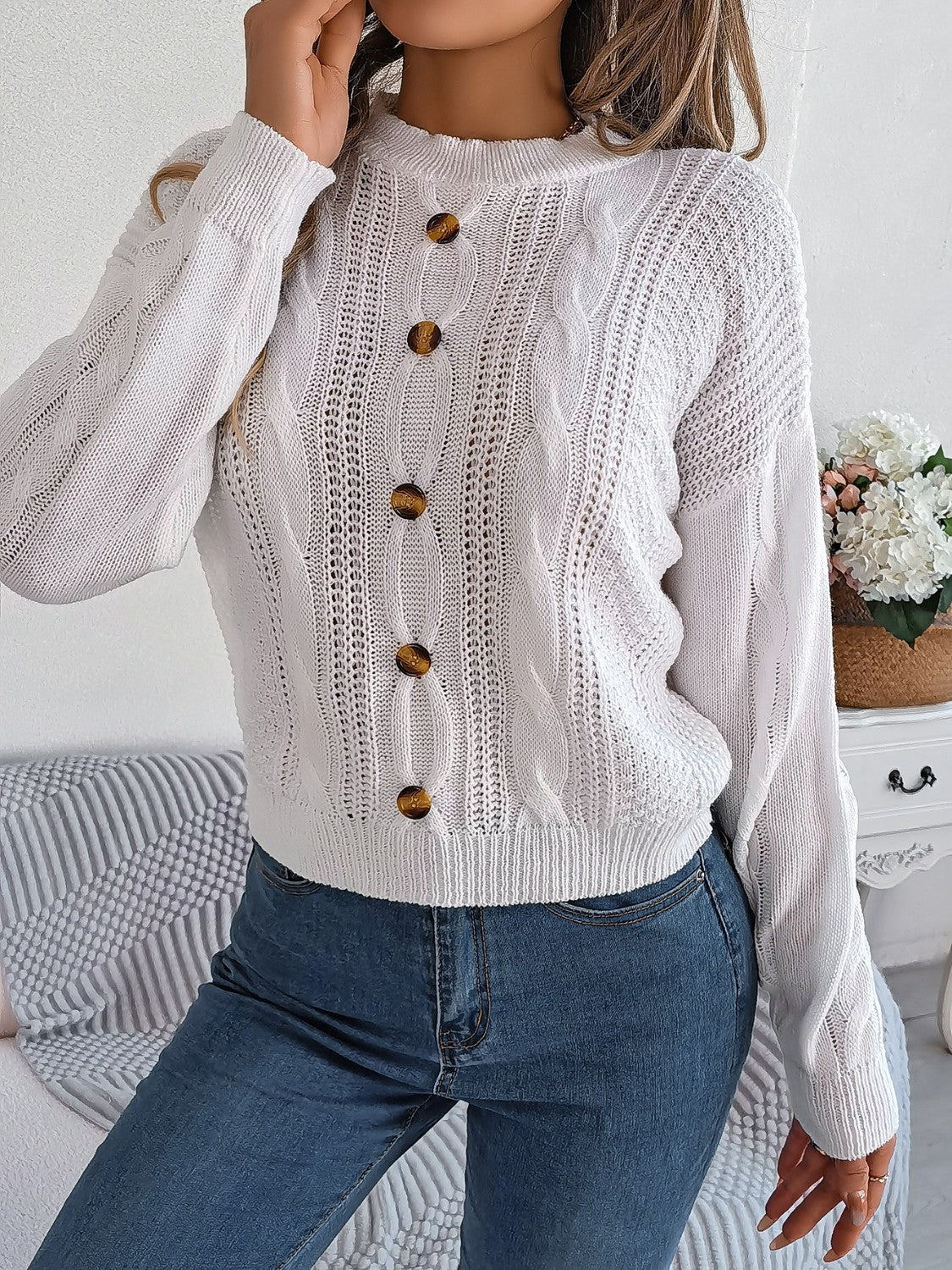 Cable - Knit Buttoned Round Neck Sweater | Trending Chic NZ