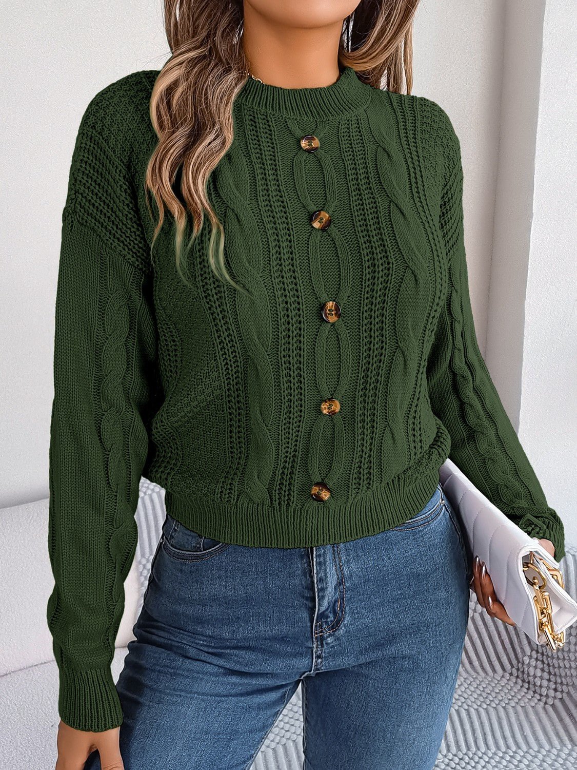 Cable - Knit Buttoned Round Neck Sweater | Trending Chic NZ